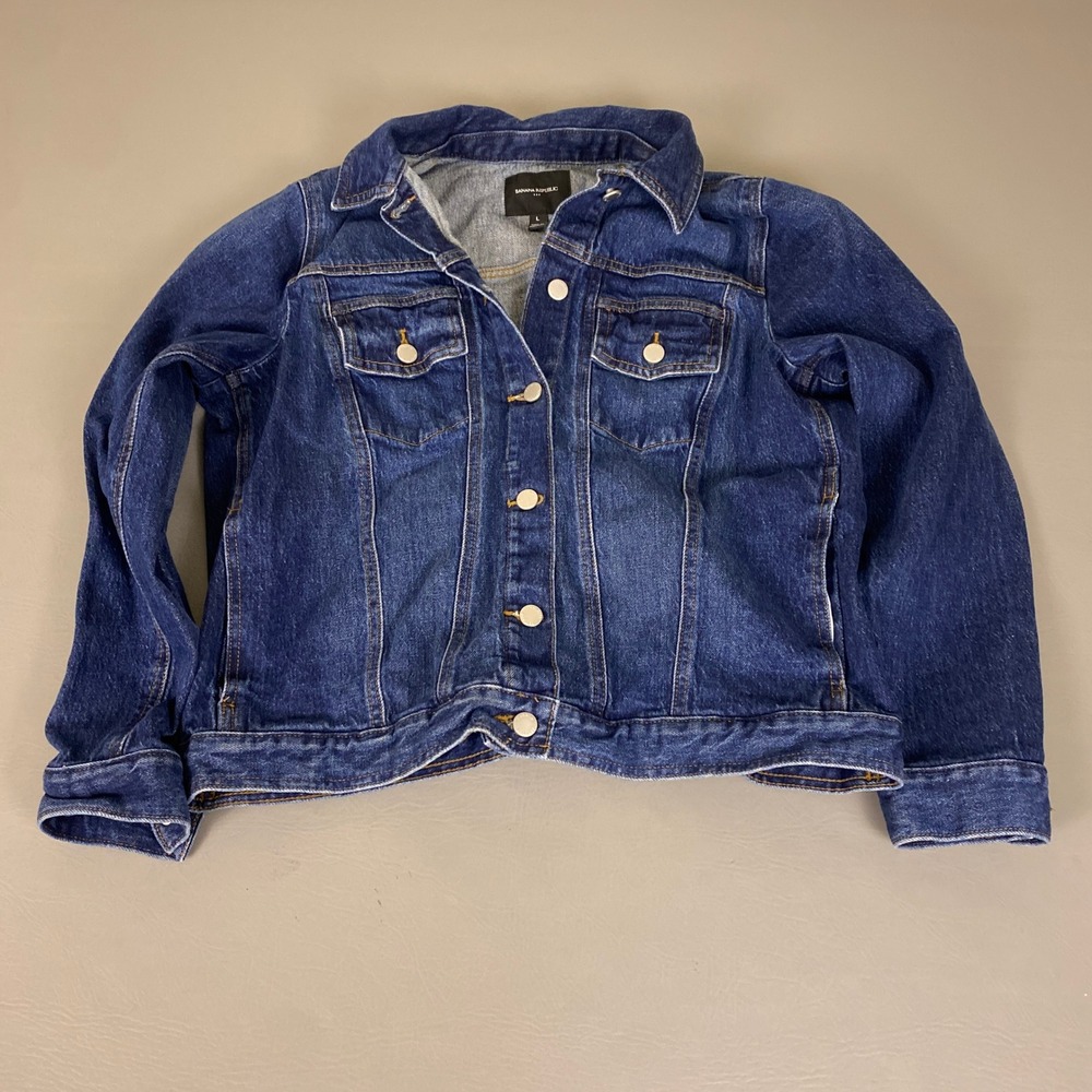 Banana Republic Denim Trucker Jacket Women's Size Large Cropped Blue Dark Wash